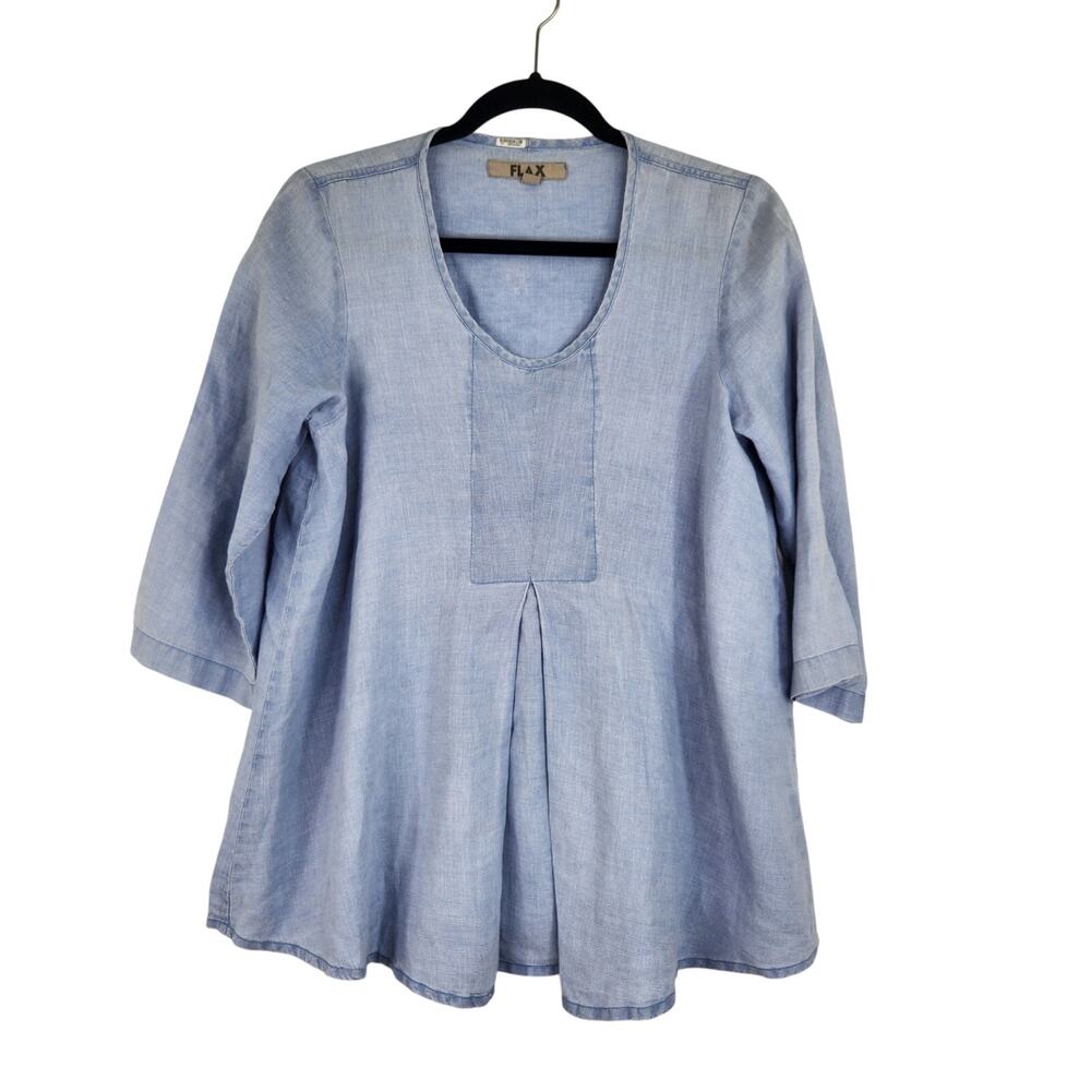Flax Light Blue Scoop Neck Peplum Blouse 100% Linen Women's Size P Minimalist